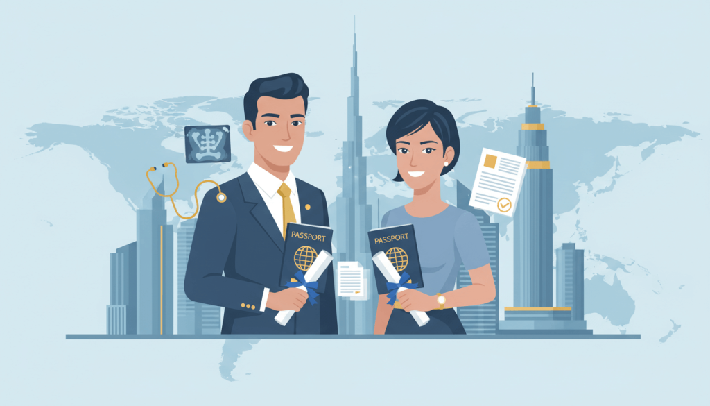 Expat-couple-holding-passports-and-medical-certificates-in-front-of-Dubai-skyline-representing-UAE-visa-medical-tests-and-attested-documents-1024x585